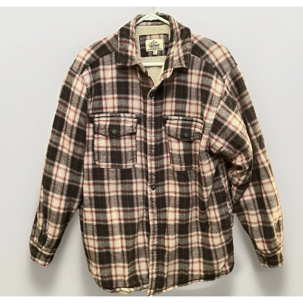 Vintage Levis Jacket Mens L Red Flannel Button Up Sherpa Lined‎ Shacket Workwear
